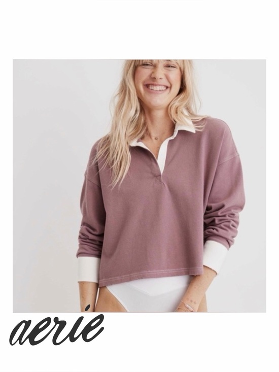 aerie Tops - Aerie Long Sleeve Cropped Polo T-Shirt in Mauve, Size M